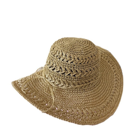 Scala‎ Women’s Woven Crocheted Packable Raffia Paper Tan Sun Hat Bow One Size - Picture 1 of 8